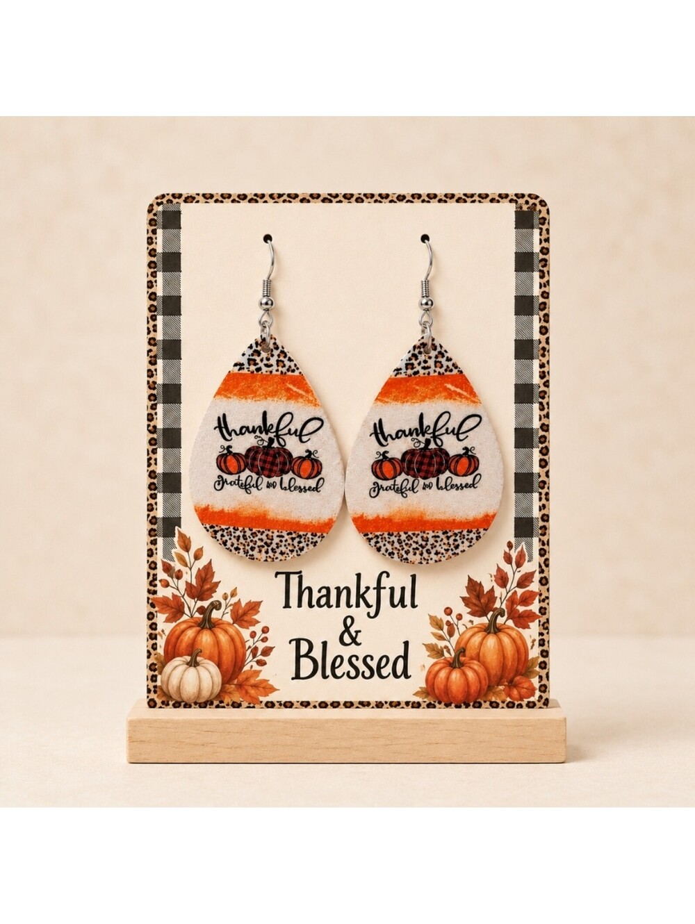 Thankful Grateful Blessed Pumpkin Leopard Print Teardrop Earrings